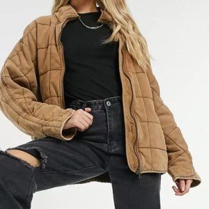 Free People Quilted Dolman Jacket sz Large Champagne Diamonds Brown Coat